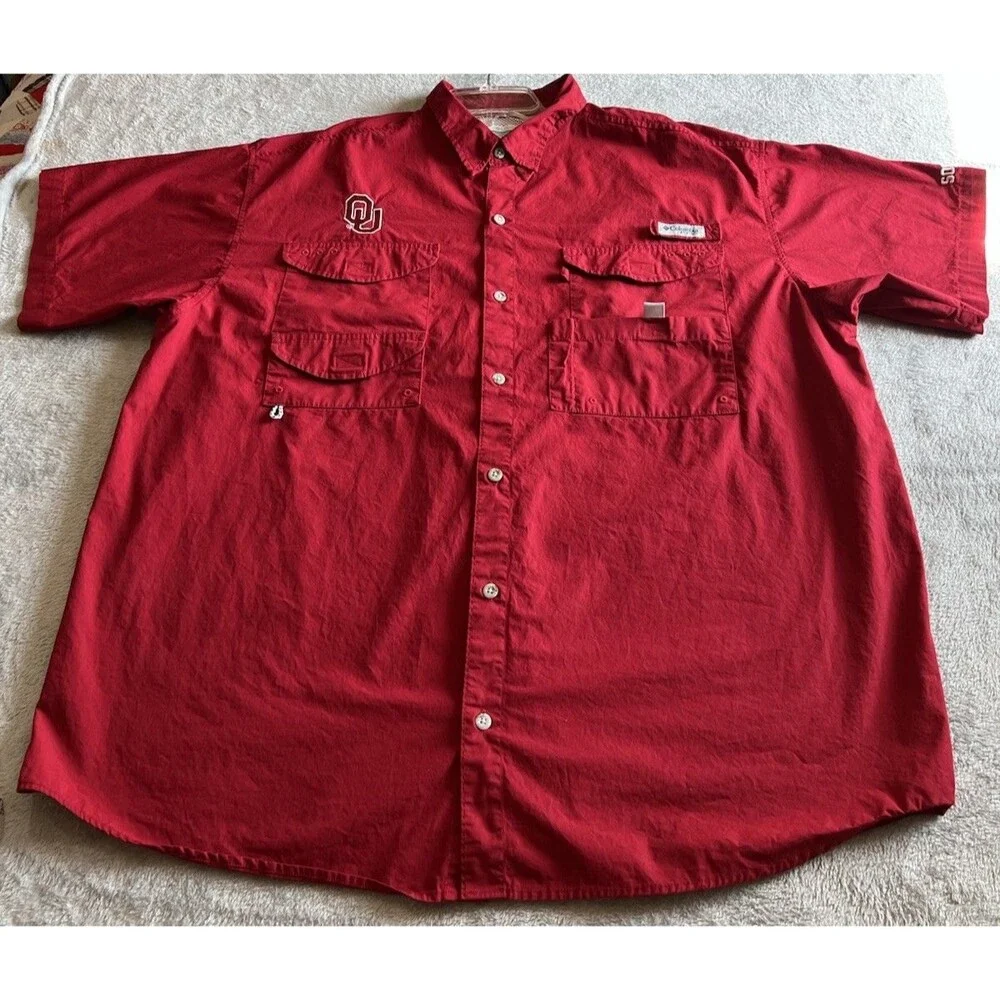 Columbia PFG Oklahoma Sooners Mens XXL Red Short Sleeve Fishing Shirt OU Logo